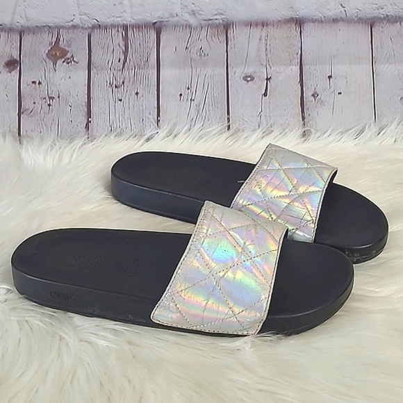 Victoria's Secret PINK Silver Rainbow Holographic Metallic Slide Slip-On Sandals - Picture 9 of 17